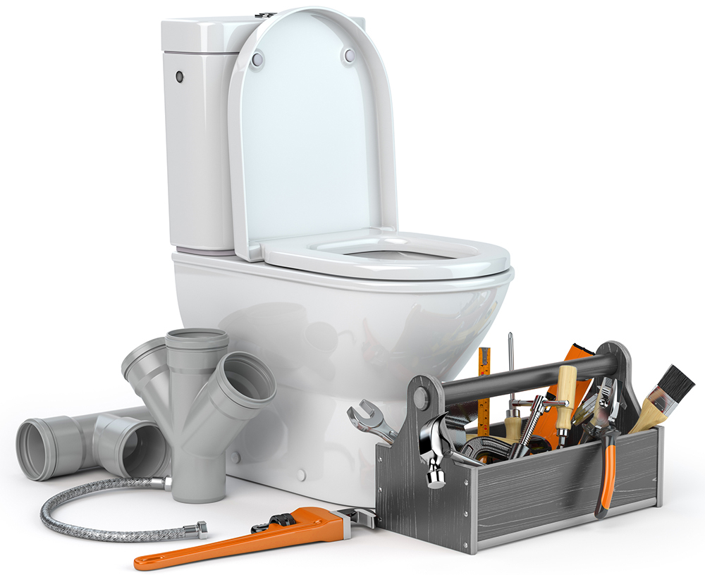 Plumbing repair service. Bowl and bidet with plumbing tools for a plumber and pvc plastic tubes. 3d illustration